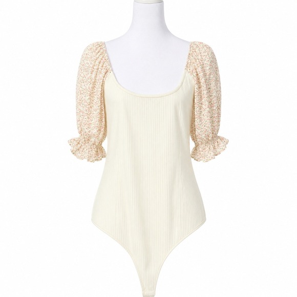 heyson Tops - Heyson Floral Puff Sleeve Ribbed Bodysuit Cream Pink 1XL New NWT Cottagecore
